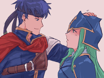 Rule 34 | armor, cape, chest plate, covered eyes, fire emblem, fire emblem: path of radiance, green hair, headband, helmet, helmet over eyes, herdwicoco, ike (fire emblem), long hair, messy hair, nephenee (fire emblem), nintendo, petting, simple background, smile