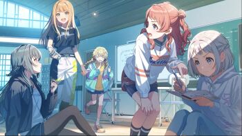 5girls backpack bag bent_over blonde_hair blue_eyes blue_hair book bottle braid chair chalkboard closed_eyes door earbuds earphones english_text fujita_kotone gakuen_idolmaster game_cg green_eyes green_hair grey_hair hair_ornament hairclip hanami_saki holding idolmaster indoors jacket katsuragi_lilja kneehighs locker low_twin_braids multicolored_hair multiple_girls official_art one_leg_raised open_book open_mouth orange_hair pants pen pointing profile red_hair shiun_sumika short_shorts shorts sitting skirt socks sportswear tsukimura_temari twin_braids wheel whiteboard window