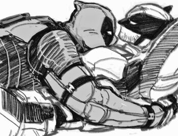 2boys bara between_pecs between_pectorals closed_mouth commentary_request deadpool deadpool_&amp;_wolverine deadpool_(series) dishing facial_hair gloves greyscale head_between_pecs korean_commentary large_pectorals looking_at_another lying_on_person male_focus marvel mask mature_male monochrome multicolored_bodysuit multiple_boys muscular muscular_male pectorals two-tone_bodysuit wolverine_(x-men) x-men yaoi