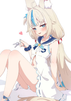1girl :d ahoge animal_ear_fluff animal_ears bikini bikini_under_clothes blonde_hair blue_bikini blue_bow blue_eyes blue_hair blue_sailor_collar bow breasts cat_ears chahanramen commentary dress english_commentary fang fins fish_tail frilled_dress frilled_shirt_collar frills hair_bow halterneck highres holding holding_key indie_virtual_youtuber key long_hair looking_at_viewer low_twintails multicolored_hair navel one_side_up open_mouth partially_unbuttoned sailor_collar sameko_saba scrunchie simple_background sitting sleeveless sleeveless_dress small_breasts smile solo streaked_hair striped_bikini striped_clothes swimsuit tail twintails very_long_hair virtual_youtuber white_background white_dress white_hair wrist_scrunchie