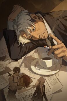 1boy 1girl asymmetrical_hair beard_stubble black_hair black_jacket black_pants bouquet chainsaw_man cigarette closed_mouth coffee_mug collared_shirt cup eyepatch facial_hair flower grey_eyes highres holding holding_bouquet holding_cigarette holding_own_hair jacket kishibe_(chainsaw_man) male_focus mature_male mug newspaper open_clothes open_jacket pants quanxi_(chainsaw_man) saucer scar scar_on_face scar_on_mouth shirt short_hair sidecut sidelighting sinker111111 sitting smoke smoke_trail solo_focus stubble sword undercut walking weapon weapon_on_back white_hair white_shirt