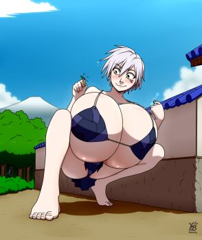 1girl barefoot blush breasts cleavage female_focus full_body giant giantess gigantic_breasts heart highres jewelry manyuu_hikenchou manyuu_kagefusa ring scroll short_hair solo spread_legs squatting white_hair ydbunny yellow_eyes