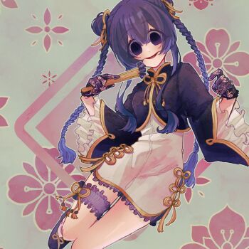 1girl alternate_costume bare_legs black_eyes black_hair blue_hair braid chinese_clothes commentary_request double_bun empty_eyes folding_fan frilled_sleeves frilled_thigh_strap frills gloves gradient_hair hair_between_eyes hair_bun hair_ribbon hand_fan highres holding holding_fan kimi_no_koto_ga_dai_dai_dai_dai_daisuki_na_100-nin_no_kanojo long_braid looking_at_viewer multicolored_hair oknomyk open_mouth ribbon simple_background smile solo thigh_strap twin_braids wide_sleeves yellow_ribbon zetsubouda_meru