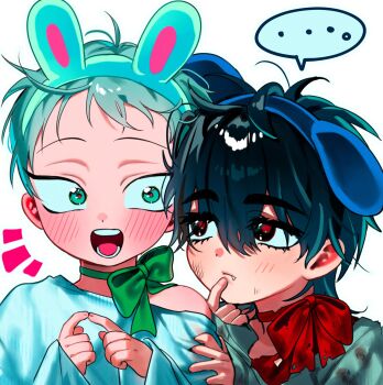 ... 2boys 7eiaq3939 aged_down alien_stage animal_ear_hairband animal_ears black_eyes black_hair bow commentary_request fake_animal_ears fang fang_out green_bow green_eyes green_ribbon grey_hair grey_shirt hairband highres ivan_(alien_stage) male_focus multiple_boys neck_ribbon rabbit_ears red_bow red_pupils red_ribbon ribbon shirt short_hair spoken_ellipsis till_(alien_stage) white_shirt