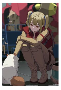 Rule 34 | 2boys, absurdres, blurry, blurry background, cat, climbing ladder, commentary request, gundam, gundam: hathaway's flash, hala morley, hangar, highres, ladder, mecha, mecha pilot suit, messer (mobile suit), mobile suit, multicolored hair, multiple boys, normal suit (gundam), pet, robot, scene reference, science fiction, squatting, tamusuguru, twintails
