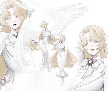 Rule 34 | 1girl, angel wings, blonde hair, bow, bowtie, breasts, commentary request, dress, feathered wings, formal clothes, gem, hair ribbon, halo, highres, huge breasts, long hair, long skirt, long sleeves, looking at viewer, open mouth, original, pecora (udpf2448), pelvic curtain, pencil skirt, pointy ears, ribbon, simple background, skirt, smile, suit, thighhighs, white background, white dress, white suit, wings
