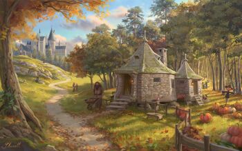 1boy 6+others artist_name blue_sky blunell_(artist) building castle cloud commentary english_commentary european_architecture fence grass harry_potter_(series) highres house multiple_others outdoors path pumpkin road rubeus_hagrid scarecrow signature sky tree watermark wheelbarrow wizarding_world wooden_fence