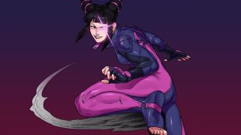 Rule 34 | 1girl, animal print, archived source, biker clothes, bikesuit, black hair, blunt bangs, bodysuit, breasts, commentary, drill hair, efd, english commentary, fighting stance, fingerless gloves, furrowed brow, gloves, gradient background, hair ornament, han juri, highres, jewelry, kicking, korean commentary, padded gloves, popped collar, red background, ring, sidelocks, smear frame, smile, sparkle, sparkling eyes, spider print, street fighter, street fighter v, toes, twin drills