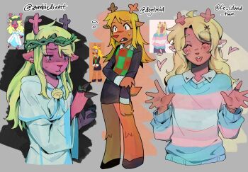 1girl :3 :d ^_^ ahoge animal_ears animal_nose antlers bare_legs bead_bracelet beads bell black_eyes black_shirt black_shoes black_skirt blonde_hair blue_eyes blue_sweater blush borrowed_design bracelet brown_fur buck_teeth capelet checkered_clothes checkered_sweater_vest claws clenched_teeth closed_eyes collared_shirt commentary cropped_torso deer_antlers deer_ears deer_girl deltarune dress english_commentary facing_viewer fewer_digits flying_sweatdrops freckles full_body furrowed_brow furry furry_female goomyloid green_sweater_vest grey_background hair_ornament hand_on_own_arm hands_up head_wreath heart highres hooded_dress horns jewelry long_hair long_sleeves looking_ahead miniskirt multiple_views neck_bell neckerchief noelle_holiday noelle_holiday_(dark_world) open_mouth outline pencil_skirt pink_sweater plant puffy_long_sleeves puffy_sleeves raised_eyebrows red_sweater_vest ring shaded_face shirt shoes simple_background skirt smile standing striped_clothes striped_sweater sweatdrop sweater sweater_vest swept_bangs teeth transgender_flag transgender_flag_print two-tone_sweater_vest utdr_(toby_fox) vines white_capelet white_dress white_neckerchief white_outline white_sweater wide_sleeves x_hair_ornament