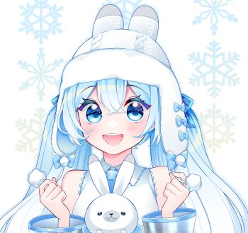 1girl :3 animal_hat aqua_hair blue_eyes blue_necktie blue_trim blush collared_shirt commentary_request detached_sleeves grey_sleeves hair_between_eyes hat hatsune_miku highres long_hair long_sleeves looking_at_viewer masumofu necktie official_alternate_costume open_mouth rabbit rabbit_hat rabbit_yukine shirt smile twintails very_long_hair vocaloid white_hat white_rabbit_(animal) white_shirt wide_sleeves yuki_miku yuki_miku_(2010)