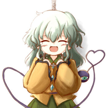 1girl blush buttons closed_eyes commentary_request contrast_collar cowboy_shot crying diamond_button frilled_shirt_collar frills green_hair green_skirt heart heart_of_string heripantomorrow imminent_suicide komeiji_koishi long_sleeves medium_hair missing_headwear noose open_mouth sad_smile shirt skirt sleeves_past_wrists solo touhou unusually_open_eyes wide_sleeves yellow_shirt