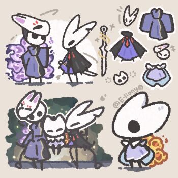 1boy 2girls arknights artist_name chinese_commentary commentary_request dress e-lion_yi father_and_daughter highres hollow_knight husband_and_wife kitsune kyuubi mask mask_on_head mother_and_daughter multiple_girls multiple_tails purple_dress suzuran&#039;s_father_(arknights) suzuran_(arknights) tail vulpisfoglia_(arknights)