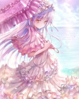 Rule 34 | 1girl, blue sky, blush, character request, cloud, commentary request, copyright request, dress, goto p, highres, holding, long hair, looking at viewer, ocean, outdoors, pink dress, sky, smile, solo, standing, umbrella, yellow eyes