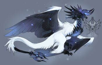 animal_focus artist_name beak black_feathers claws commentary commentary_request creature dragon dynamic_pose feathered_wings feathers fluffy highres horns immorthis limited_palette monochrome monster original reference_sheet simple_background tail watermark wings