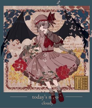 1girl artist_name ascot atelier_tefu bat_wings border bug butterfly curtsey dated dress flower frilled_shirt_collar frilled_sleeves frilled_wrist_cuffs frills from_above grey_hair hat highres insect inset_border leaf outside_border pink_dress pink_hat red_ascot red_flower red_ribbon red_rose red_shoes remilia_scarlet ribbon rose shoes skirt_hold touhou wings wrist_cuffs