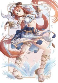 1girl absurdres alice_sea_art aqua_eyes blue_skirt bracer breasts circlet commentary_request crop_top dancer dancing fake_horns feet floating_clothes floating_hair full_body genshin_impact gladiator_sandals harem_outfit highres horns legs long_hair looking_at_viewer low_twintails medium_breasts midriff nail_polish navel nilou_(genshin_impact) open_mouth red_hair sandals skirt smile solo tachi-e toenail_polish toenails toes twintails veil white_background white_veil