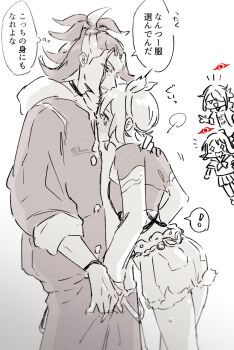 ! +_+ 2boys 2girls adaman_(pokemon) adaman_(special_costume)_(pokemon) akari_(pokemon) blush denim denim_shorts head_on_chest hetero highres irida_(pokemon) irida_(special_costume)_(pokemon) looking_at_another metro-oxo multiple_boys multiple_girls nintendo official_alternate_costume peeking_out pokemon pokemon_legends:_arceus pokemon_masters_ex short_hair shorts signature spot_color translation_request volo_(pokemon)