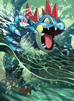 air_bubble bubble claws commentary_request day feraligatr gen_2_pokemon highres nintendo no_humans open_mouth outdoors partially_underwater_shot pokemon pokemon_(creature) pokemon_focus signature solo teeth tesshii_(riza4828) tongue tree water yellow_eyes
