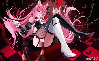 Rule 34 | 1girl, absurdres, animal ears, bare shoulders, bat (animal), blush, boots, cat ears, chain, cross, cross necklace, fang, ggatip, high heels, highres, jewelry, long hair, looking at viewer, necklace, open mouth, pantyhose, pink hair, red background, red eyes, sitting, skirt, smile, tail, thigh boots, thighhighs, twintails, virtual youtuber, watermark