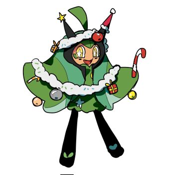 box candy candy_cane christmas_tree_costume colored_skin fangs food full_body gift gift_box hat hat_on_horn highres holding holding_candy holding_candy_cane holding_food meng78811585 nintendo ogerpon open_mouth orange_skin pokemon pokemon_(creature) santa_hat smile solo star-shaped_pupils star_(symbol) symbol-shaped_pupils tinsel white_background
