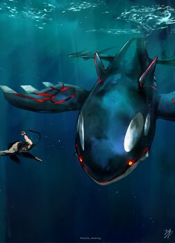 1boy absurdres black_leggings brown_hair commentary_request gen_3_pokemon glowing glowing_eyes goggles highres holding holding_poke_ball kyogre legendary_pokemon leggings light_rays male_focus mario_(2669431) nintendo poke_ball poke_ball_(basic) pokemon pokemon_(creature) short_hair signature topless_male twitter_username underwater watermark yellow_eyes