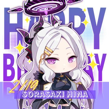 Rule 34 | 1girl, ahoge, black coat, black horns, black jacket, black ribbon, black skirt, black thighhighs, blue archive, character name, chibi, chibi only, chinese commentary, closed mouth, coat, coat on shoulders, commentary request, cowboy shot, crossed arms, dated, demon girl, demon horns, demon wings, forehead, fur-trimmed coat, fur trim, hair ornament, hair ribbon, hairclip, halftone, halftone background, halo, happy birthday, hina (blue archive), horns, jacket, long hair, long sleeves, looking at viewer, low wings, miomio1568315, multiple horns, open clothes, open coat, outline, parallel hairclips, parted bangs, purple background, purple eyes, purple halo, ribbon, skirt, slit pupils, solo, sparkle, text background, thighhighs, very long hair, white background, white hair, white outline, wings