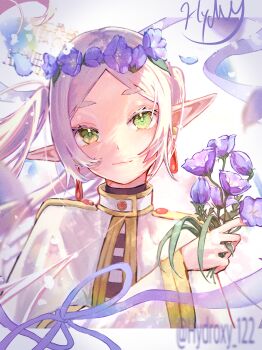 1girl absurdres blue_flower blue_ribbon capelet closed_mouth colored_eyelashes commentary_request earrings elf film_grain floating_hair flower flower_wreath frieren green_eyes green_pupils grey_hair hand_up head_wreath highres holding holding_flower hydroxy_122 jewelry leaf letterboxed long_hair long_pointy_ears long_ribbon long_sleeves looking_at_viewer parted_bangs pointy_ears ribbon sidelighting sidelocks signature smile solo sousou_no_frieren thick_eyebrows twintails twitter_username upper_body white_capelet wide_sleeves
