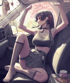 1girl black_hair black_skirt black_socks black_sports_bra breasts car_interior chisa_(wuthering_waves) commentary_request food highres large_breasts long_hair namipon_(wuthering_waves) no_shoes panties pocky s99g sitting skirt socks solo sports_bra thigh_strap underwear white_panties wuthering_waves