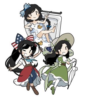 Rule 34 | 1girl, american flag, black hair, bow, braid, chibi, chibi only, closed eyes, dress, flag, green dress, hair bow, hat, highres, holding, holding umbrella, long hair, multiple persona, nude, original, puffy short sleeves, puffy sleeves, short sleeves, smile, star (symbol), striped bow, swimsuit, umbrella, water, watercraft, white background, yorktown cv-5