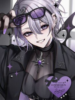 1girl adjusting_eyewear black-framed_eyewear black_dress commentary commission double-parted_bangs dress ear_piercing earrings eyewear_on_head grin hair_between_eyes hand_up heart highres jewelry kaminoq looking_at_viewer necklace original piercing purple-tinted_eyewear purple_eyes purple_hair short_hair skeb_commission smile solo sparkle sunglasses tinted_eyewear upper_body