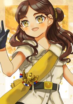 1girl absurdres badge belt black_belt black_gloves brown_hair brown_shirt commentary_request gloves hair_bun highres kantai_collection looking_to_the_side looking_up military_uniform neko_to_imo sash shirt shoulder_sash solo thonburi_(kancolle) upper_body wavy_hair yellow_sash