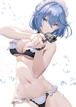 1girl bikini black_bikini blue_eyes blue_hair breasts character_request commentary_request copyright_request cowboy_shot double-parted_bangs fingernails frilled_bikini frills gun hair_between_eyes handgun hands_up highres holding holding_gun holding_weapon large_breasts long_bangs maid maid_bikini maid_headdress mp-443_grach navel official_art parted_lips pinakes serious short_hair simple_background solo standing stomach swimsuit unconventional_maid v-shaped_eyebrows water_drop weapon white_background