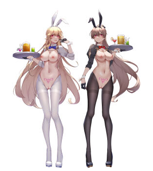 2girls absurdres alternate_costume animal_ears arm_cutout arm_up azur_lane black_footwear black_gloves black_pantyhose blonde_hair blue_bow blue_bowtie blush bow bowtie breasts brown_hair cleavage clothing_cutout commentary_request detached_collar earrings fake_animal_ears gloves gluteal_fold hair_between_eyes half_gloves high_heels high_ponytail highres holding holding_tray jean_bart_(azur_lane) jewelry large_breasts long_hair multiple_girls navel nipples pantyhose ponytail pubic_tattoo pussy rabbit_ears red_bow red_bowtie red_eyes reverse_bunnysuit reverse_outfit richelieu_(azur_lane) simple_background strapless tattoo thigh_gap thighband_pantyhose tray v white_background white_footwear white_pantyhose wrist_cuffs wsfw