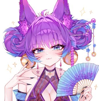 Rule 34 | 1girl, absurdres, ahoge, animal ear fluff, bare shoulders, bell, black nails, blue eyes, blue flower, blue hair, blush, breasts, cleavage, cleavage cutout, closed mouth, clothing cutout, collarbone, commentary, commission, english commentary, facial mark, fingernails, flower, folding fan, hair bell, hair intakes, hair ornament, hair stick, hand fan, highres, holding, holding fan, indie virtual youtuber, multicolored hair, narelf, purple hair, rinne (rinne oi), sharp fingernails, short hair, solo, streaked hair, symbol-shaped pupils, upper body, virtual youtuber, whisker markings, white background