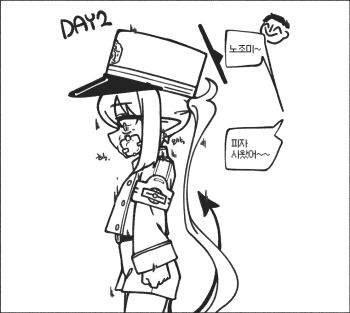 0dot001hz 1boy 1girl armband blue_archive buttons commentary_request cowboy_shot demon_tail doodle_sensei_(blue_archive) earrings flinch gauze gauze_on_cheek gauze_on_face halo hat jewelry kepi korean_commentary korean_text military_hat monochrome nozomi_(blue_archive) ryona sensei_(blue_archive) single_earring speech_bubble tail translation_request twintails