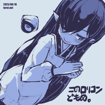 1girl apologizing apron backbeako_(torotei) backbeard blue_background blue_theme blush closed_mouth commentary_request dated dated_commentary dutch_angle gegege_no_kitarou hair_down hair_over_one_eye half-closed_eye hat kappougi kono_lolicon_domome long_hair long_sleeves looking_to_the_side monochrome one_eye_closed original own_hands_together paid_reward_available pointy_ears simple_background smile solo tenugui torotei translated very_long_hair watermark web_address