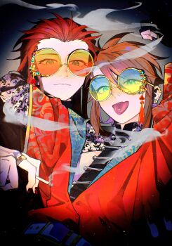 2boys absurdres alternate_costume asch_(tales) cigarette closed_mouth commentary ear_piercing earrings glasses glint gradient_background green_eyes hair_between_eyes hair_slicked_back highres holding holding_cigarette jewelry long_hair looking_at_viewer luke_fon_fabre male_focus multiple_boys nail_polish piercing red_hair ring round_eyewear short_hair smoke symbol-only_commentary tales_of_(series) tales_of_the_abyss tongue tongue_out tongue_piercing upper_body yellow-framed_eyewear zhongdzuki23754