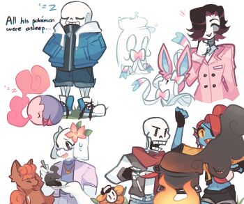 bad_id bad_tumblr_id brown_eyes charamells commentary crossover english_commentary english_text flower flowey_(undertale) furry gen_1_pokemon gen_5_pokemon gen_6_pokemon gracidea hair_flower hair_ornament highres mettaton mettaton_ex musharna napstablook nintendo papyrus_(undertale) pokemon pokemon_(creature) sans_(undertale) simple_background skeleton sweat sylveon toriel undertale undyne utdr_(toby_fox) vulpix white_background zzz