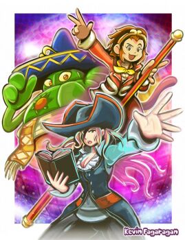 1boy 2girls amingo anchor animal_ears artist_name big_hair blonde_hair bo_staff book breasts brown_eyes brown_hair capcom cleavage eyepatch frilled_shirt_collar frills hat hat_over_eyes holding holding_anchor holding_book holding_staff holding_weapon kevin_fagaragan large_breasts long_hair long_sleeves mariachi marvel_vs._capcom marvel_vs._capcom_2 monkey_ears monkey_girl monkey_tail monster_boy multiple_girls pants pants_tucked_in pirate pirate_hat plant_boy ruby_heart short_hair smile sombrero sonson staff tail tricorne weapon