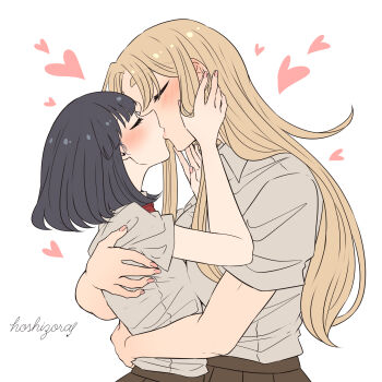 Rule 34 | 2girls, black hair, blonde hair, blush, closed eyes, collared shirt, commentary request, heart, highres, hoshizora no shita, hug, kiss, long hair, multiple girls, original, pink nails, school uniform, shirt, short hair, short sleeves, simple background, white background, white shirt, yuri