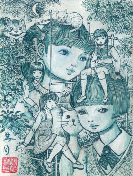 5girls alice&#039;s_adventures_in_wonderland animal animal_on_head bow bowtie braid cat cheshire_cat_(alice_in_wonderland) crescent_moon dress fractal_underground_studio giant giantess grin high_ponytail jungle_gym kneehighs long_hair long_sleeves looking_at_viewer mary_janes monochrome moon multiple_girls on_head original ponytail school_uniform shirt shoes short_hair size_difference skirt sky sleeveless sleeveless_dress smile socks sweater_vest teeth traditional_media tree twin_braids twintails