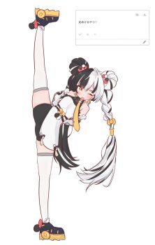 1girl ahoge arms_behind_back bare_shoulders black_hair black_shoes black_shorts blush braid braided_twintails china_dress chinese_clothes commentary detached_sleeves dialyn_(zenless_zone_zero) double_bun dress earrings english_commentary fang full_body hair_bun hair_extensions highres jewelry kesiutu leg_lift long_hair looking_at_viewer multicolored_hair necktie one_eye_closed open_mouth pelvic_curtain ring_hair_extensions shoes shorts simple_background solo split split-color_hair standing standing_on_one_leg standing_split thighhighs white_background white_dress white_hair white_thighhighs yellow_eyes yellow_necktie zenless_zone_zero