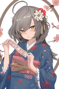 Rule 34 | 1girl, ahoge, assault lily, blue flower, blue kimono, blush, border, closed mouth, commentary request, fingernails, floral background, floral print, flower, frilled sleeves, frills, grey hair, hair between eyes, hair flower, hair ornament, hands up, highres, holding, holding omikuji, inset border, japanese clothes, jiroru, kimono, long hair, long sleeves, looking at viewer, obi, obijime, omikuji, outside border, pink flower, print kimono, red flower, round border, sasaki ran, sash, solo, tassel, tassel hair ornament, upper body, white background, white flower, wide sleeves, yellow eyes