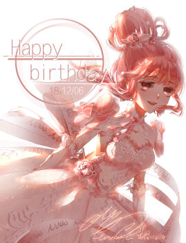 Rule 34 | 1girl, absurdres, beads, blunt bangs, bow, bowtie, brooch, brown eyes, chinese commentary, collar, commentary request, dated, detached collar, dot nose, dress, english text, eyelashes, flower, flower brooch, gloves, hair beads, hair bun, hair flower, hair ornament, hair rings, happy, happy birthday, highres, jewelry, lace, lace-trimmed dress, lace-trimmed gloves, lace trim, leaf, light blush, miracle nikki, muriel miaoke, nikki (nikki), nikki (series), open mouth, pink bow, pink bowtie, pink flower, pink hair, pink rose, pleated dress, rose, short hair with long locks, sidelocks, signature, simple background, single hair bun, smile, song of youth (miracle nikki), strapless, strapless dress, striped bow, striped bowtie, striped clothes, tareme, teeth, updo, upper teeth only, white background, white collar, white dress, white gloves