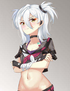 1girl absurdres bandaged_arm bandages bandaid black_choker black_gloves breasts choker commentary_request crossed_arms fingerless_gloves gloves grey_shirt highres hololive hololive_china midriff navel neckerchief ratten-fanger red_neckerchief shirt solo stomach two-tone_neckerchief white_hair white_neckerchief yellow_eyes yogiri_(hololive)