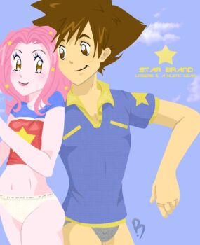 1boy 1girl 2008 artist_logo blue_background blue_shirt briefs brown_eyes brown_hair cloud cloudy_sky crop_top digimon digimon_adventure_02 grey_male_underwear hair_ornament hetero lips logo looking_at_another male_underwear matching_hair/eyes midriff modeling navel panties pink-mimi pink_hair shirt short_sleeves sky smile spiked_hair star_(symbol) star_hair_ornament tachikawa_mimi two-tone_shirt underwear white_panties yagami_taichi
