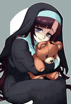 1girl alternate_costume black_dress black_eyes black_hair breasts danganronpa_(series) danganronpa_2:_goodbye_despair dress grey_background highres holding holding_stuffed_toy large_breasts long_hair nun parta_228 sitting smile solo stuffed_animal stuffed_toy teddy_bear tsumiki_mikan white_background