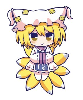 Rule 34 | 1girl, animal hat, blonde hair, blue tabard, blush, closed mouth, commentary request, dress, fox tail, full body, hands in opposite sleeves, hat, kitsune, long sleeves, looking at viewer, mob cap, multiple tails, silverrain, simple background, smile, solo, tabard, tail, touhou, white background, white dress, white hat, wide sleeves, yakumo ran