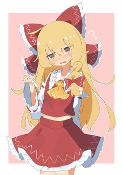 Rule 34 | 1girl, alternate costume, arm behind back, ascot, blonde hair, blush, bow, braid, commentary request, cosplay, detached sleeves, edamanecha, embarrassed, flying sweatdrops, frilled bow, frilled skirt, frills, hair bow, hakurei reimu, hakurei reimu (cosplay), highres, kirisame marisa, long hair, navel, open mouth, pink background, red bow, red skirt, ribbon-trimmed sleeves, ribbon trim, side braid, single braid, skirt, skirt set, solo, touhou, yellow ascot, yellow eyes