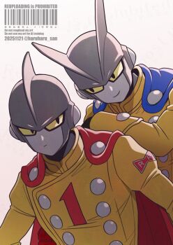 Rule 34 | 2boys, android, blue cape, cape, commentary request, dragon ball, dragon ball super, dragon ball super super hero, fins, gamma 1, gamma 2, head fins, highres, jacket, k-haruka, male focus, multiple boys, red cape, simple background, upper body, white background, yellow jacket